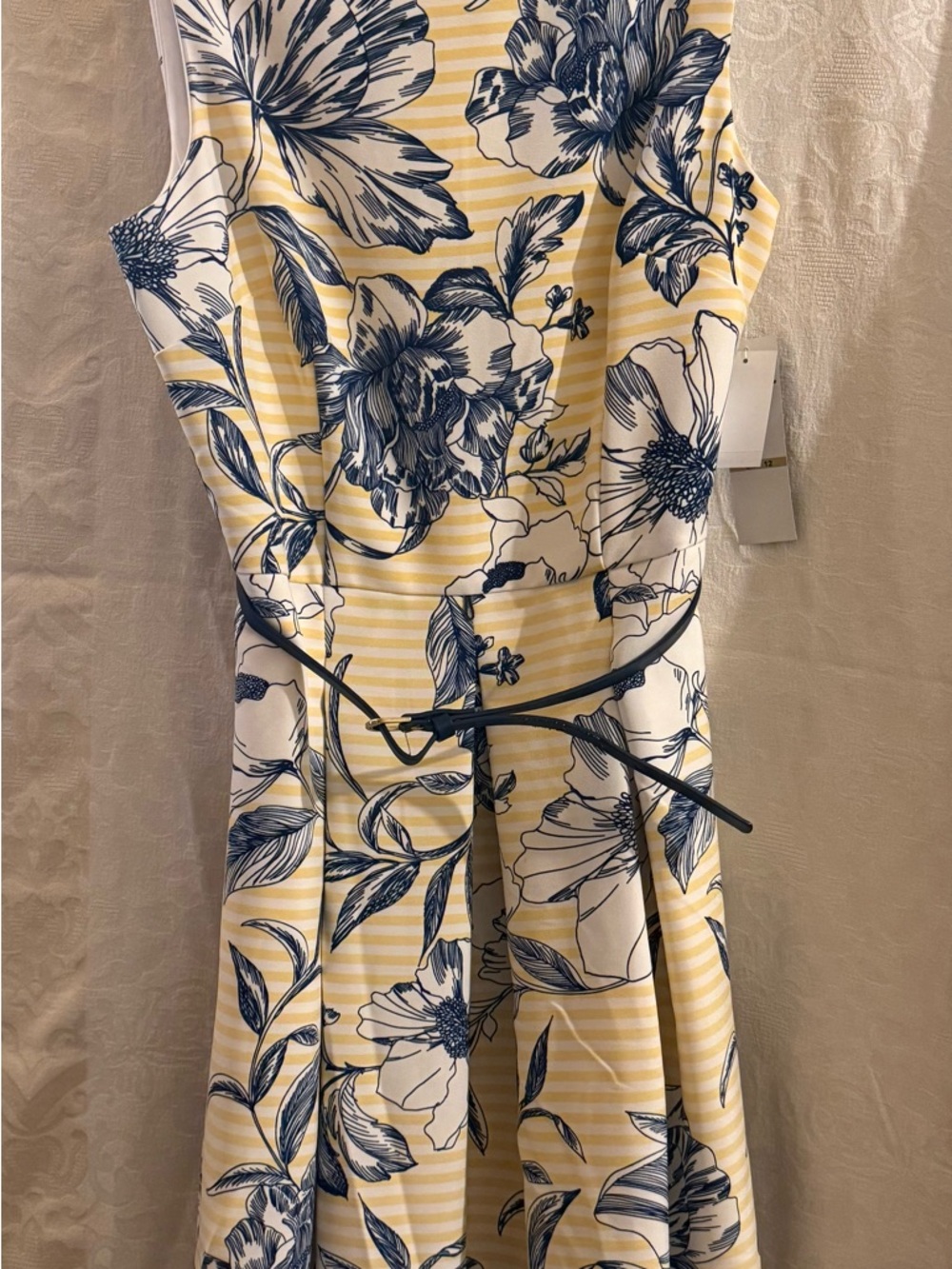 R&K Yellow Striped Midi Dress with Navy Floral Print